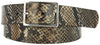 Brown and black coiled snake skin printed leather women's belt. Polished nickel buckle