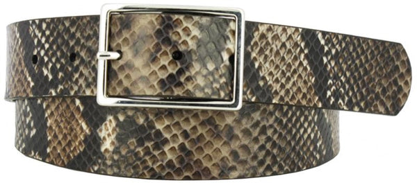 Brown and black coiled snake skin printed leather women's belt. Polished nickel buckle