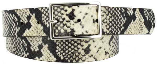 White and black coiled snake skin printed leather women's belt. Polished nickel buckle