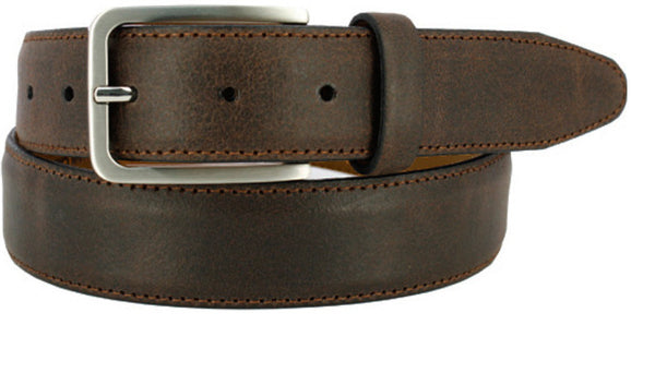 Brown Italian Leather washed and antiqued to expose all the shades of color in the belt and looks as though it has cracks. Has a matching loop and a buckle brushed with nickel.