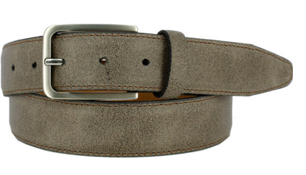Grey Italian Leather washed and antiqued to expose all the shades of color in the belt and looks as though it has cracks. Has a matching loop and a buckle brushed with nickel.