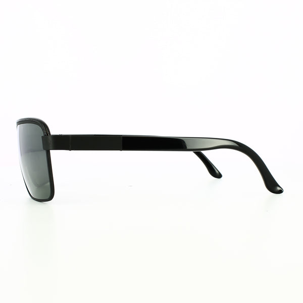 Side profile of black glasses with leather over lenses.