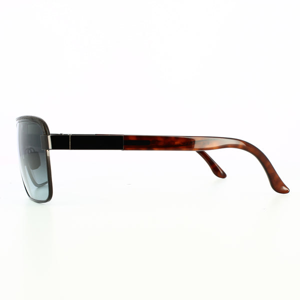 Side view of black lenses with black leather and tortoise shell temple 