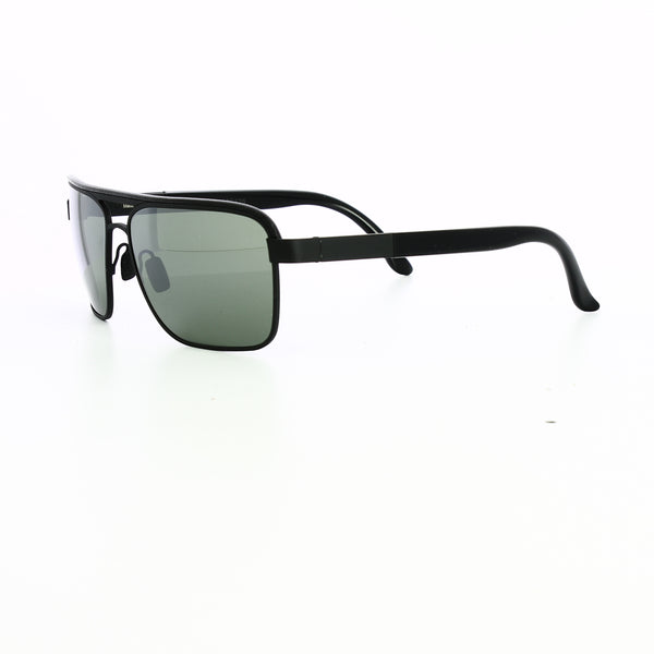 Side profile of polarized lenses in black with black leather rim.