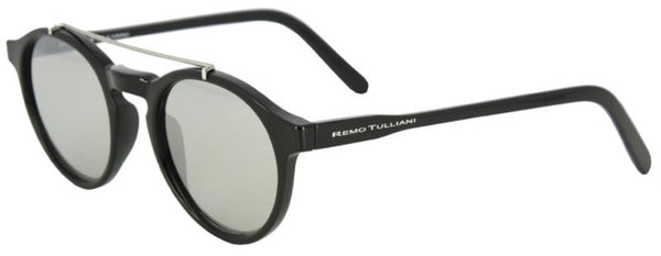 Black frames with a round shape and metal bar above the nose. Black mirror lenses