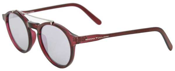 Dark red frames with a round shape and metal bar above the nose. Violet mirror lenses