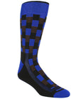 Black sock with blue band checkered black blocks with blue and brown interlaced. Blue toe and heel. 