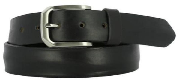 black crushed leather strap with inconsistent ridging. A worn leather look with nickel buckle and black loop.