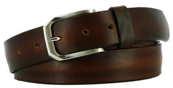 dark brown crushed leather strap with inconsistent ridging. A worn leather look with nickel buckle and dark brown loop.