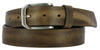 light brown crushed leather strap with inconsistent ridging. A worn leather look with nickel buckle and dark light loop.