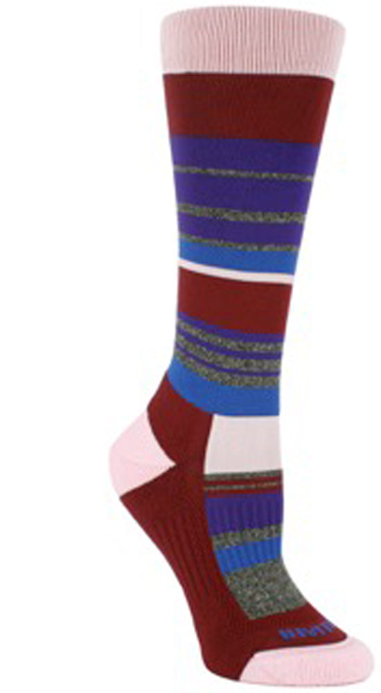 Burgundy sock with purple, heather grey, and blue lines. Solid pink on band, a loop around the ankle, heel and toes. Tulliani is written in blue beneath the toes.