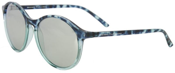Large oval navy, blue, and clear tortoise shell frame with black miror lens