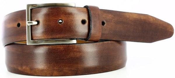 Brown antiqued leather with visible paint strokes. Thin Italian brushed nickel buckle and brown loop. 