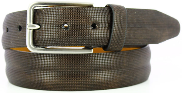brown micro-printed circles with a double ridged feel. Italian Brushed Nickel with matching loop. 
