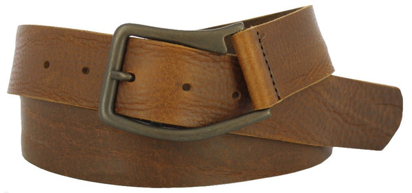 Coiled brown leather belt with oil rubbed brass buckle. Belt has a vintage and soft look.