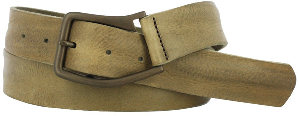 Coiled tan leather belt with oil rubbed brass buckle. Belt has a vintage and soft look.