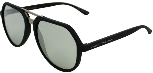 matte black shell angled aviator frames with silver mirrored lenses