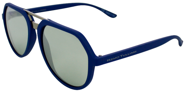 matte blue angled aviator frames with black mirrored lenses