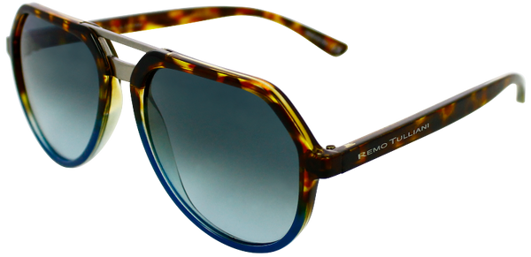 tortoise shell fade to blue angled aviator frames with ash grey lenses