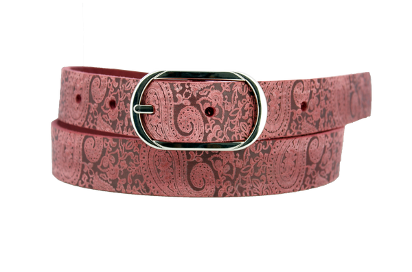 Red raw leather with paisley pattern pressed into the material. Oval center bar buckle in nickel.