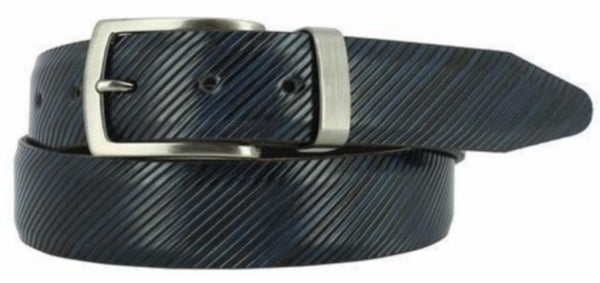 blue  Italian leather belt with diagonal ridges. Brushed Gunmetal buckle and loop. 