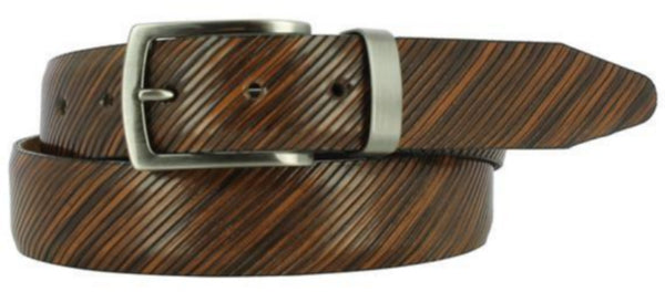brown  Italian leather belt with diagonal ridges. Brushed Gunmetal buckle and loop. 