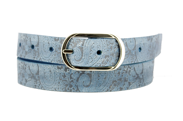 Light blue raw leather with paisley pattern pressed into the material. Oval center bar buckle in nickel.