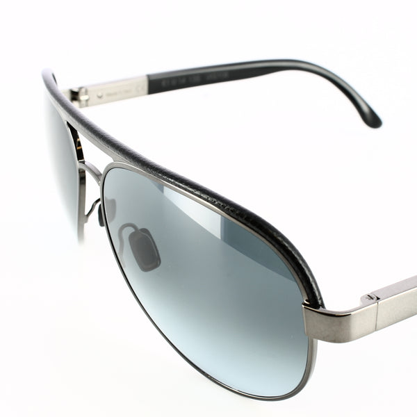 Gunmetal gray framed aviator glasses with blue-grey lenses