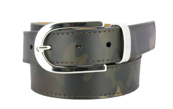 Camo green, dark green, and brown leather coiled belt with brass stitching. Polished nickel buckle and loop set