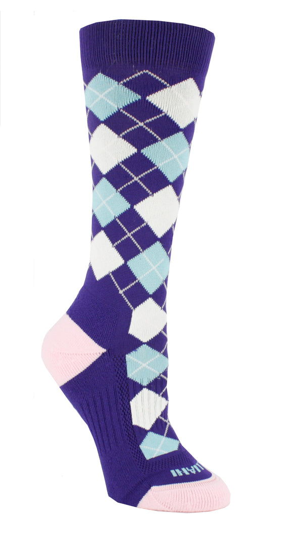 Solid purple sock with white and sky blue argyle over ankle and foot. Heel and toes are pink. Tulliani is stitched beneath the toes in sky blue