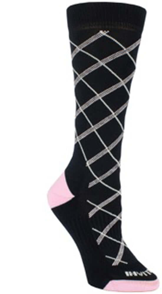 BRAVE women's boot sock featuring cushioned footbed and arch support in black with pink accents.