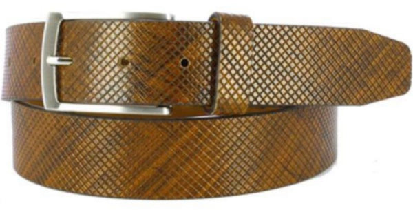 Textured calf leather belt with brown and tan undertones. Large diamond pattern over belt and loop with same colors. Polished nickel buckle. 