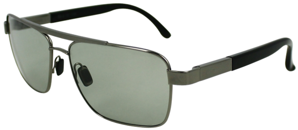 Grey colored metal frame with squared aviator style lenses. Black rubber ear protection.  Mirrored lenses