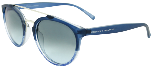 matte blue to clear round frame sunglasses with ash grey mirror lenses