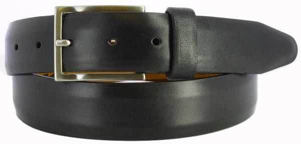 Black antiqued leather with visible paint strokes. Thin Italian brushed nickel buckle and black loop. 