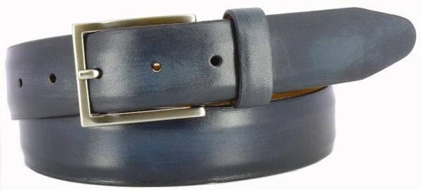 Navy antiqued leather with visible paint strokes. Thin Italian brushed nickel buckle and navy loop. 