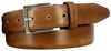 tan antiqued leather with visible paint strokes. Thin Italian brushed nickel buckle and tan loop. 