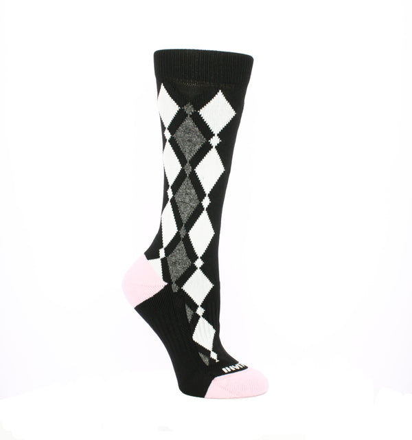 Black sock with white and grey lines of big then smalldiamonds running vertically on the sock. Pink heel and toes. Tulliani is stitched beneath the toes in white. 