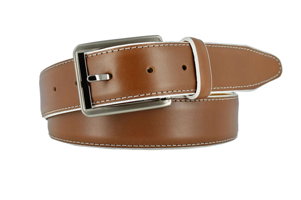 Premium Italian calfskin leather dress belt with brushed gunmetal buckle and off-white edge dye.