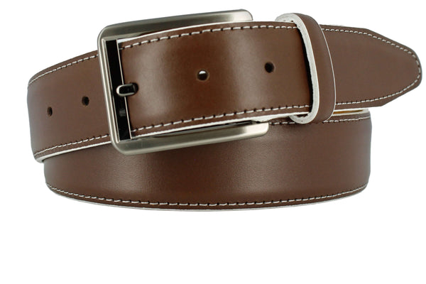 MILANO Italian Calfskin Leather Dress Belt in rich brown with brushed gunmetal buckle and white edge stitching.
