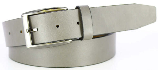 grey Italian calfskin belt with leather brushed polished gunmetal