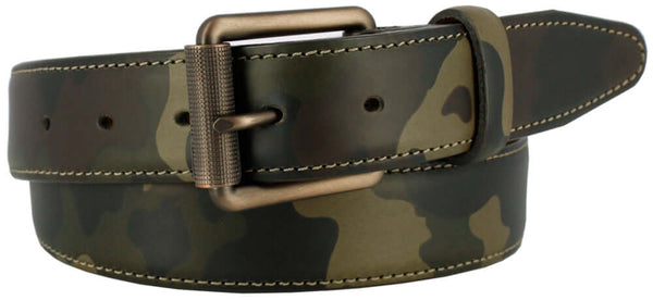 RYE Italian calfskin camo belt with oiled brass buckle, featuring stylish camouflage pattern and soft nubuck liner.