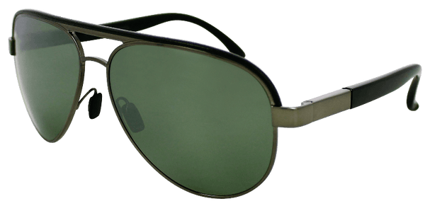 Spite aviator sunglasses with sturdy monel frames and green shatter-resistant lenses, ideal for medium to X-large face sizes.