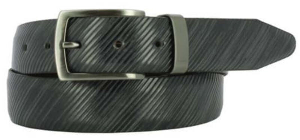 SYLVIO Italian calfskin leather belt with diagonal design and brushed gunmetal buckle. Width: 35mm, made in USA.
