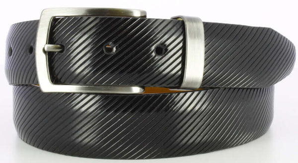 SYLVIO Italian calfskin leather belt with brushed gunmetal buckle and diagonal design, width 35mm, made in USA.