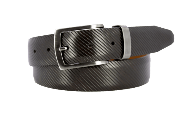Stylish SYLVIO Italian calfskin leather belt with brushed gunmetal buckle, featuring diagonal design and tonal hand antiquing.