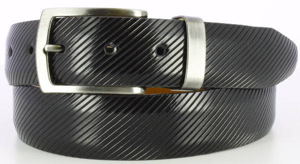 black  Italian leather belt with diagonal ridges. Brushed Gunmetal buckle and loop. 