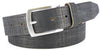 black leather printed with linen textures on belt and loop. tan painted edges with an Italian brushed nickel buckle. 