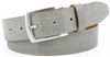 grey leather printed with linen textures on belt and loop. tan painted edges with an Italian brushed nickel buckle. 