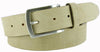 Taupe leather printed with linen textures on belt and loop. tan painted edges with an Italian brushed nickel buckle.